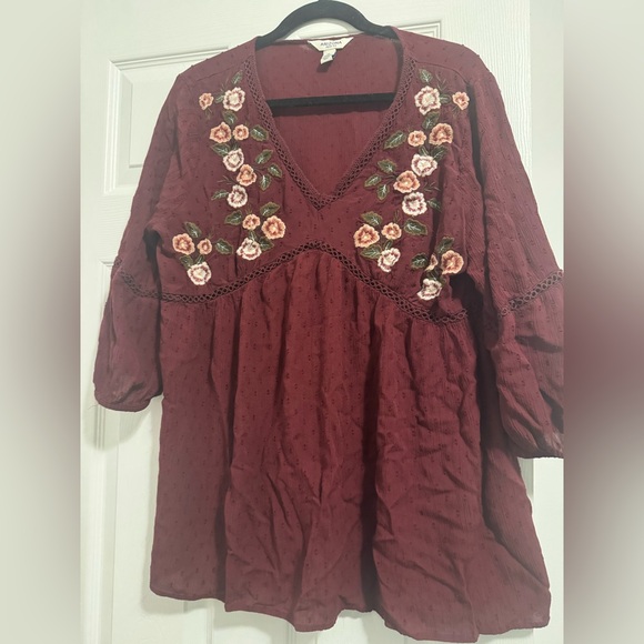Arizona Jean Company Tops - Embroidered Flowy Peasant Blouse Floral Burgundy Women's Top XL
